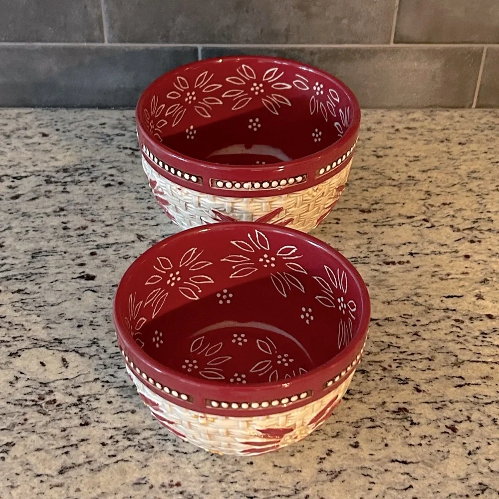 Temptations Old World Cranberry Basket Weave Bake Cook Serve Bowls 1 Q & 1.5 Q
